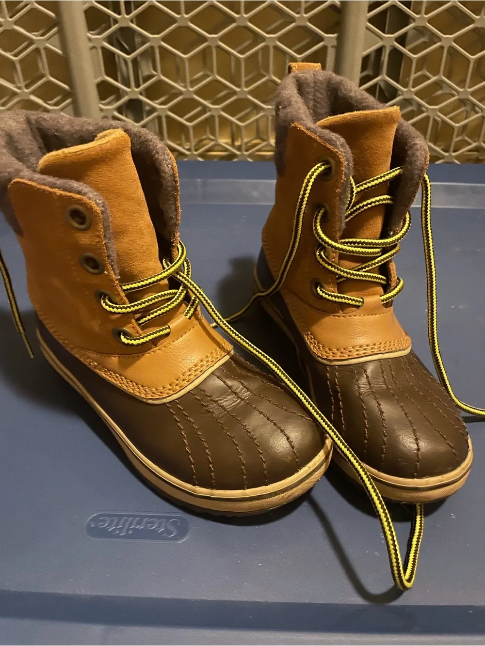 Sorel Kids Brown and Tan Waterproof Winter Boots with Yellow-Trim Laces